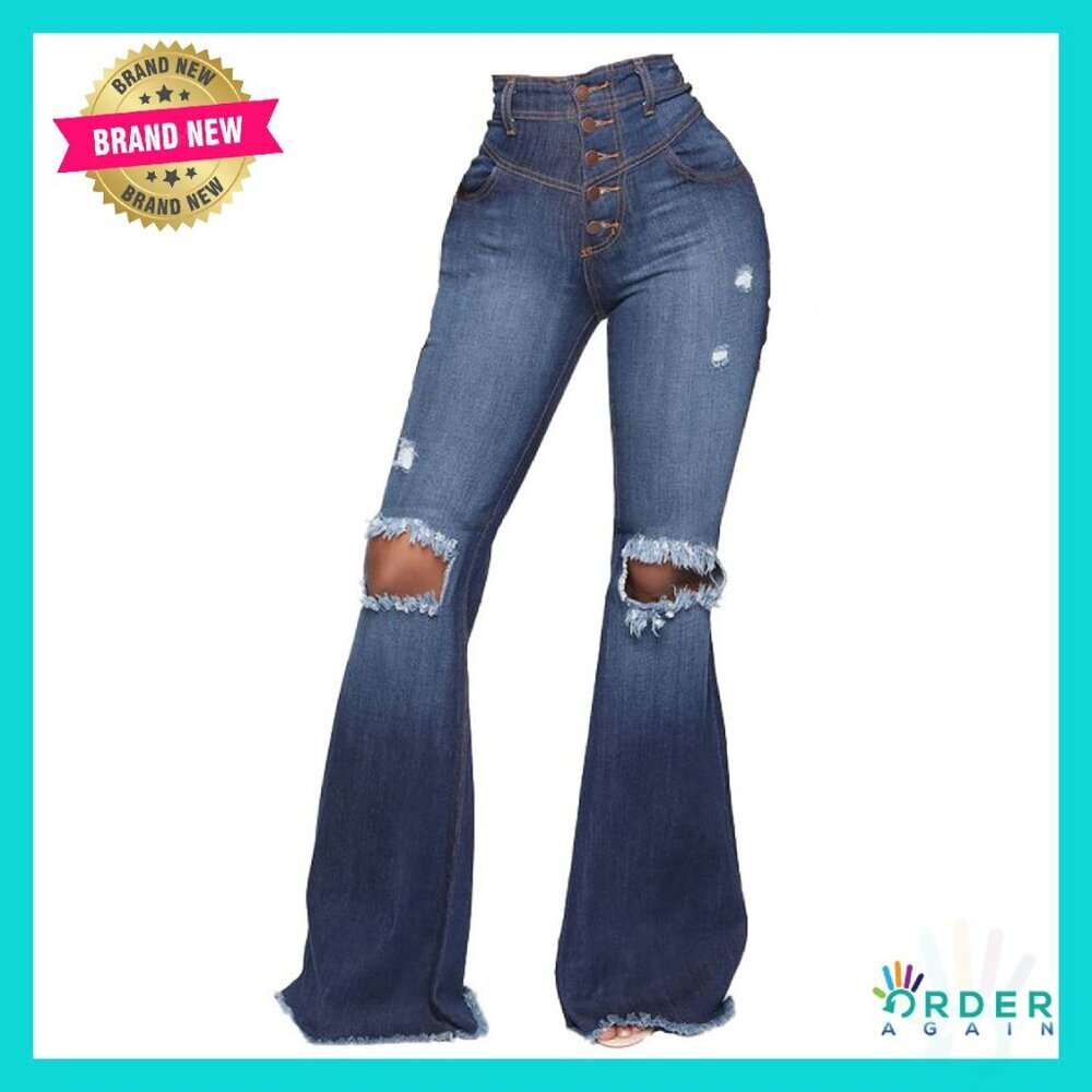 Bell Bottom Jeans Elastic Waist Ripped Flared Destroyed Raw Hem Denim Pants